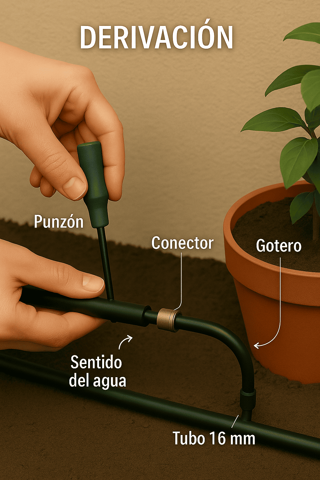 Derivación en riego por goteo: punzón en tubería 16 mm, conector y gotero hacia maceta